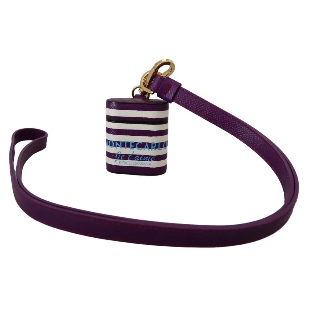Dolce & Gabbana Purple Leather Strap Gold Metal Logo Airpods Case - Picture 2 of 7